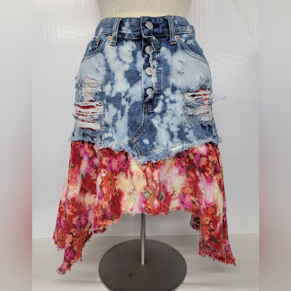 Upcycled Denim & Floral Corduroy Skirt